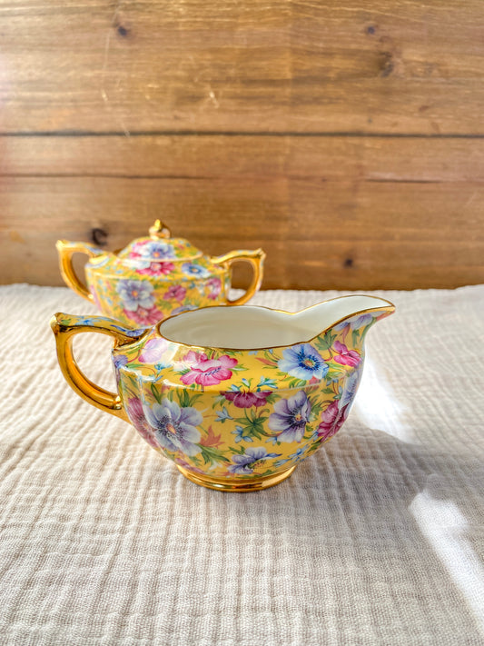 Vintage James Sadler Sophie Chintz Creamer & Sugar with Lid Set