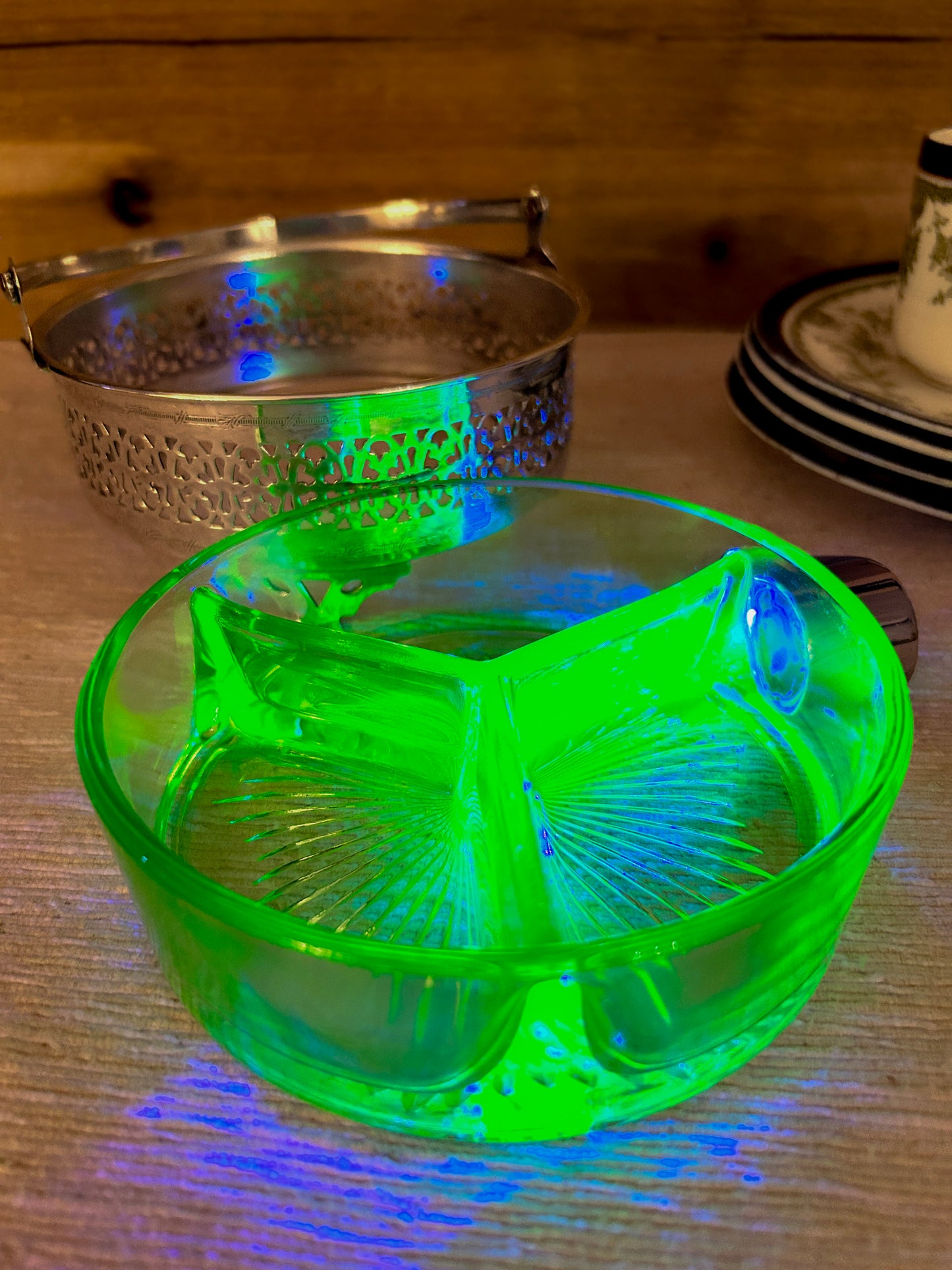 Vintage Uranium Vaseline Glass 3 Compartment Dish in Silver Plated Copper Tray