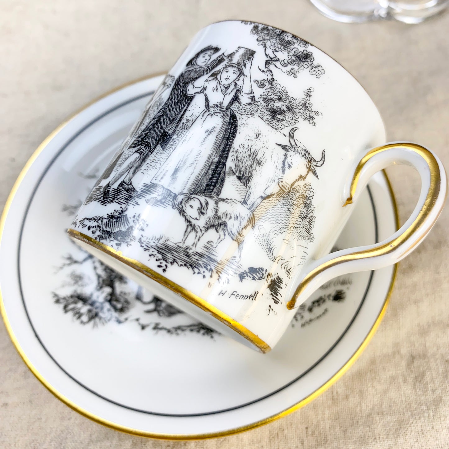 Royal Chelsea Demitasse Cup & Saucer Victorian Scene Signed H. Fennel