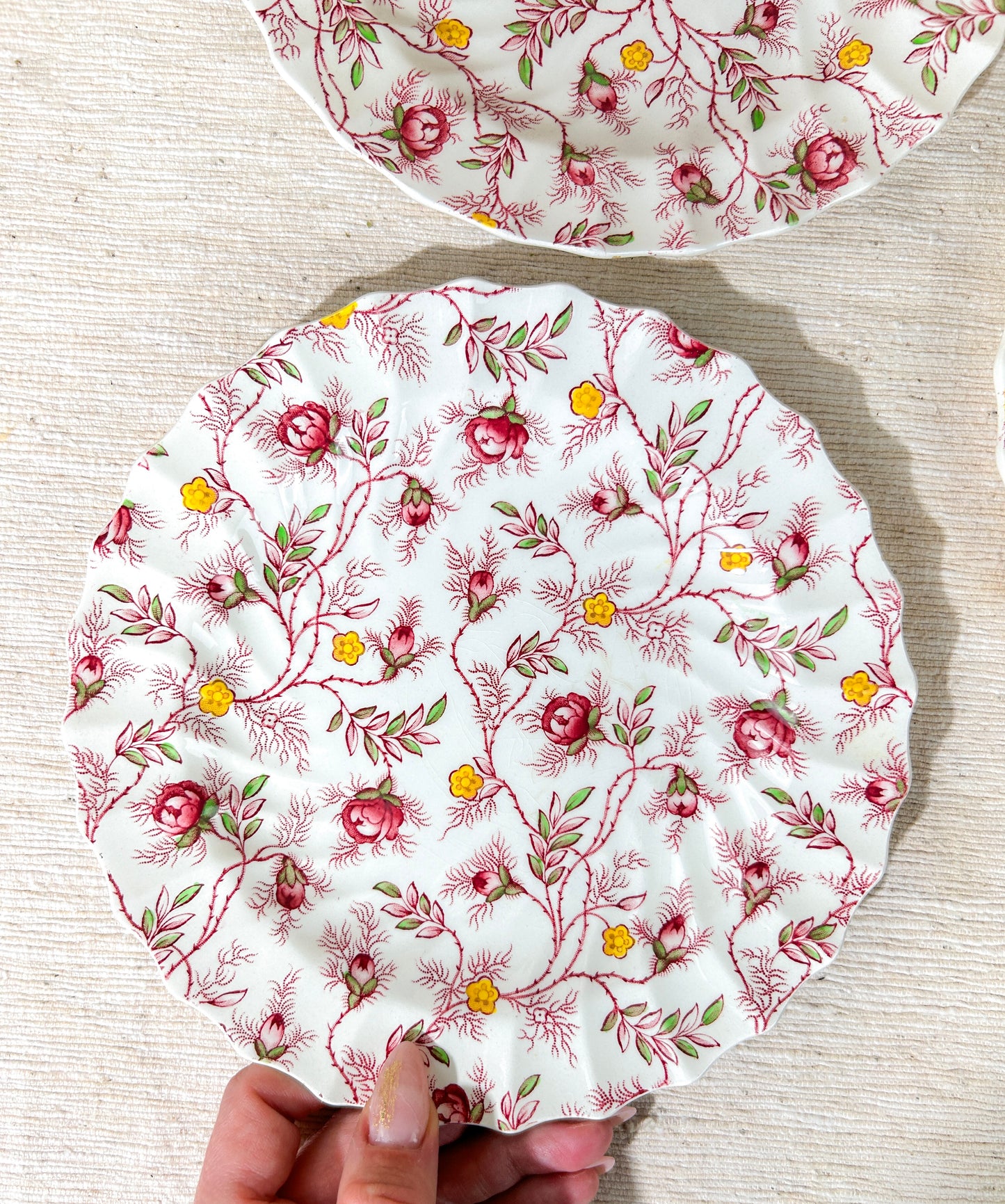 Copeland Spode Rosebud Chintz Bread Dinner Plates & Soup Bowls Pink Vine