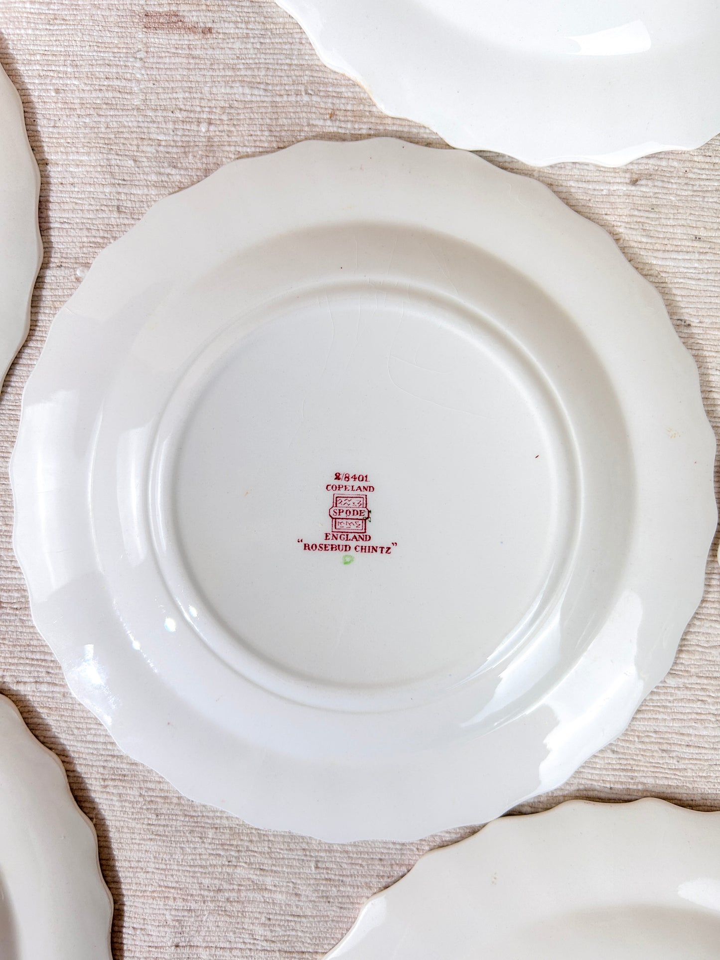 Copeland Spode Rosebud Chintz Bread Dinner Plates & Soup Bowls Pink Vine