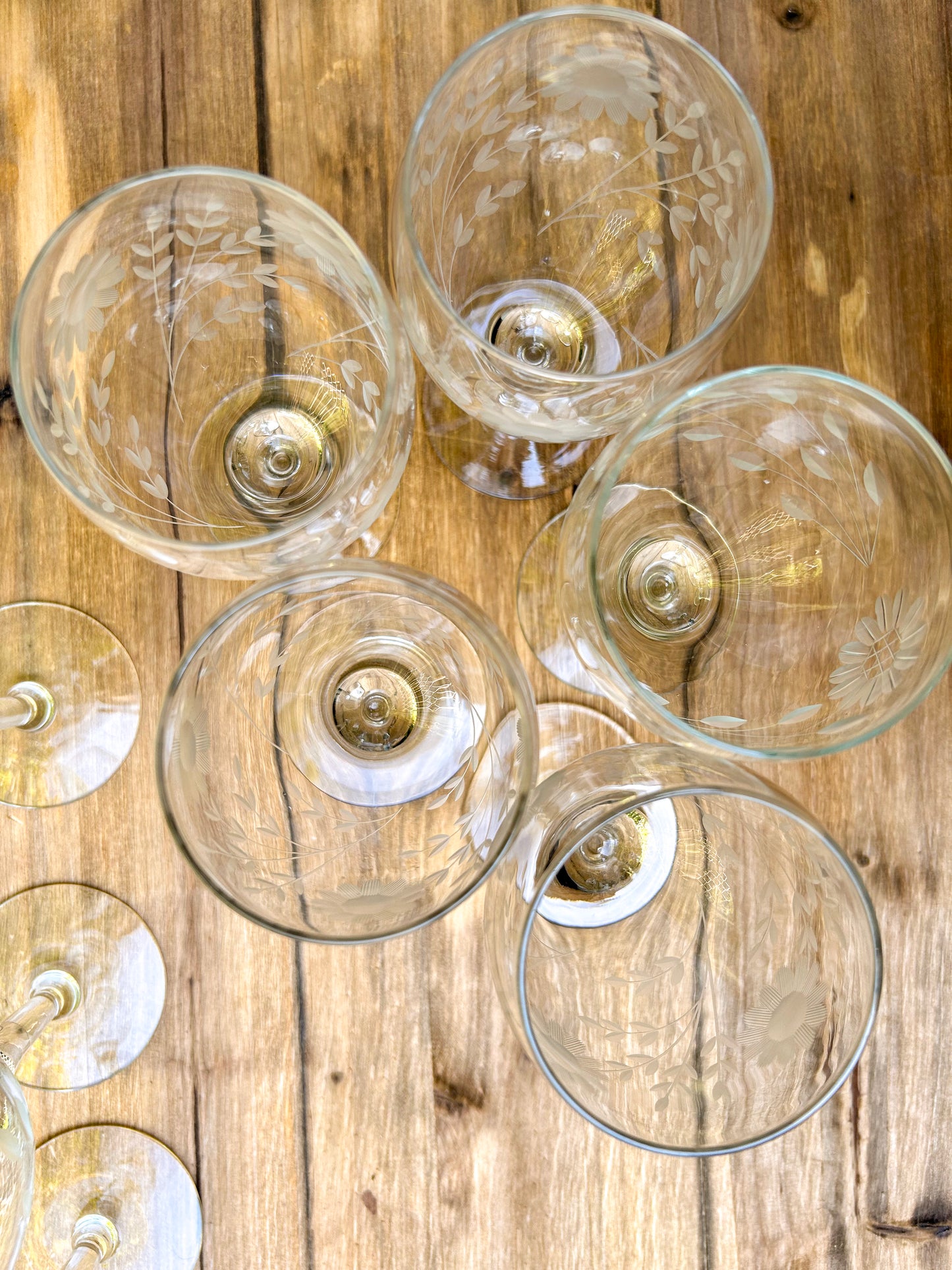 Vintage Blown Glass Etched Floral Wine Glasses x 4