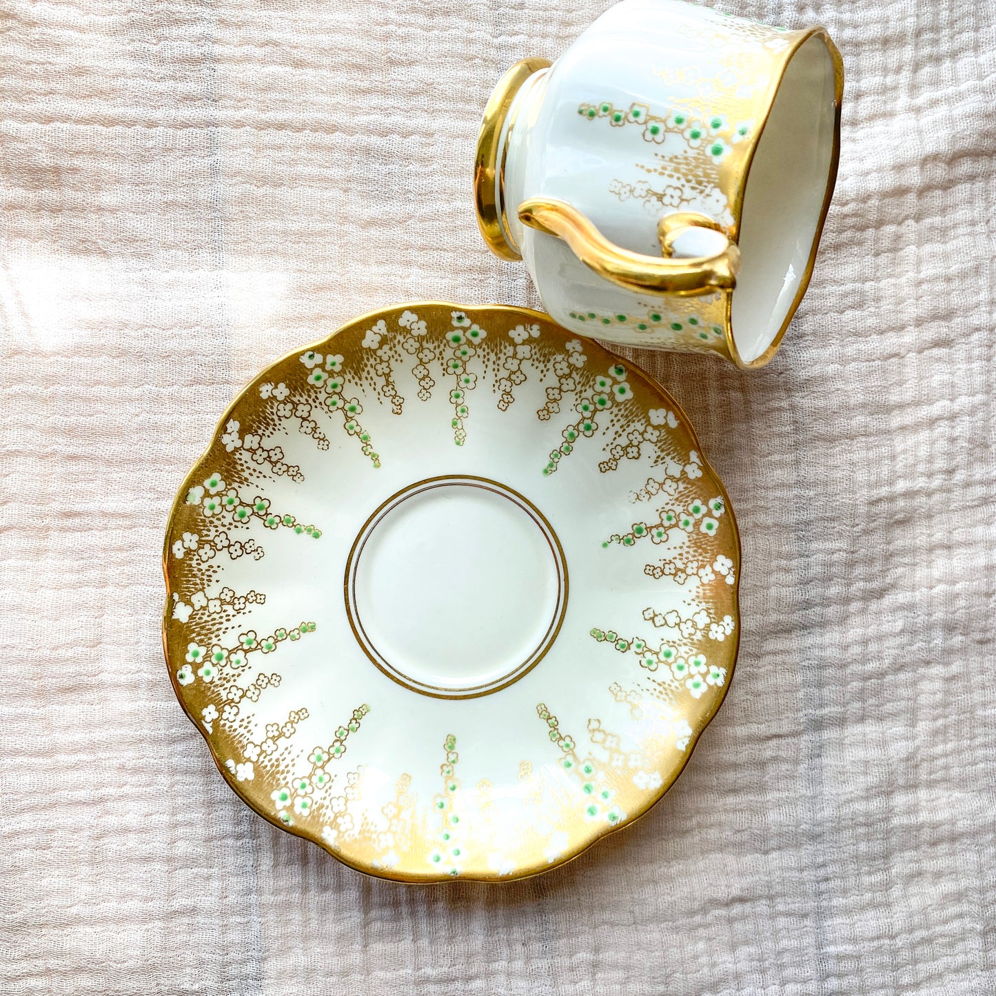 Vintage Royal Albert April Showers Gold & Green Hand Painted Teacup and Saucer