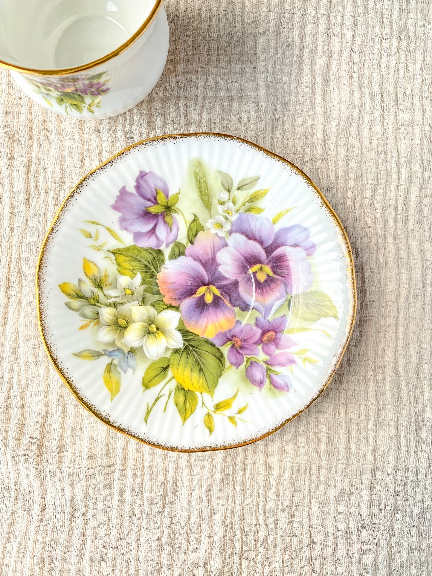 Vintage Queen's Rosina Purple Pansy Floral Teacup and Saucer White Bone China