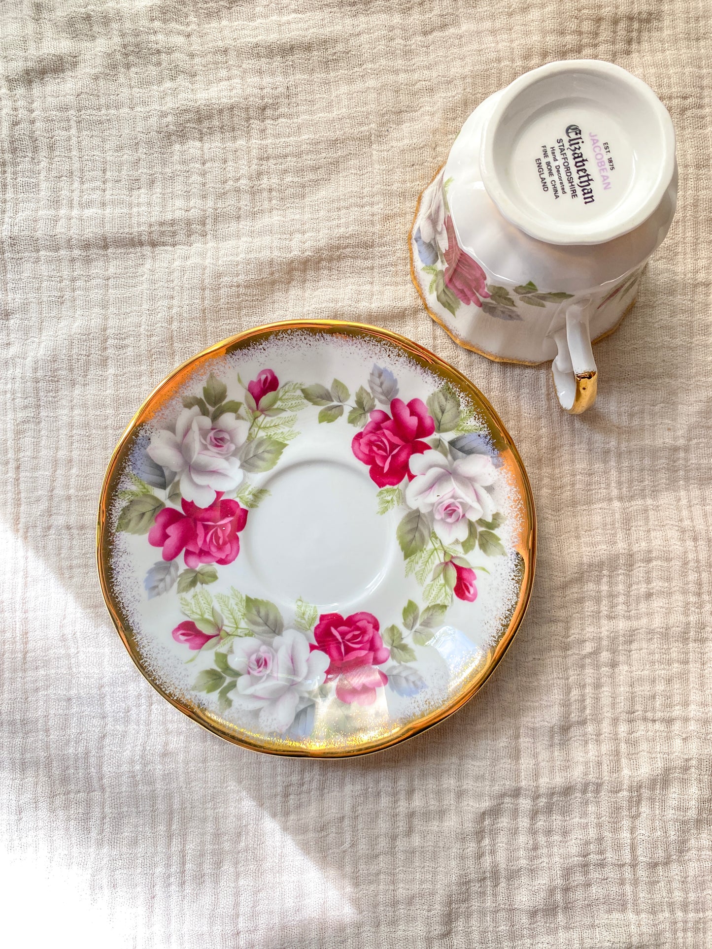 Vintage Elizabethan Jacobean White & Gold with Roses Teacup and Saucer