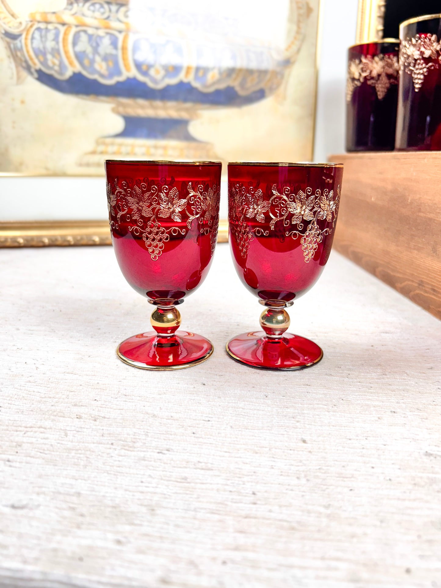 Moser Glass Ruby Etched Floral Gold Glasses Sets Selection