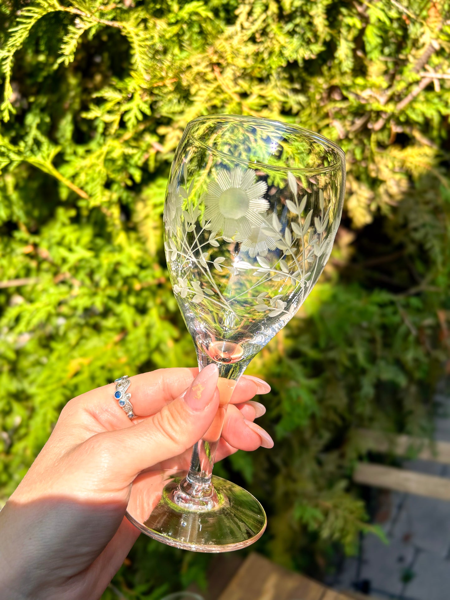 Vintage Blown Glass Etched Floral Wine Glasses x 4