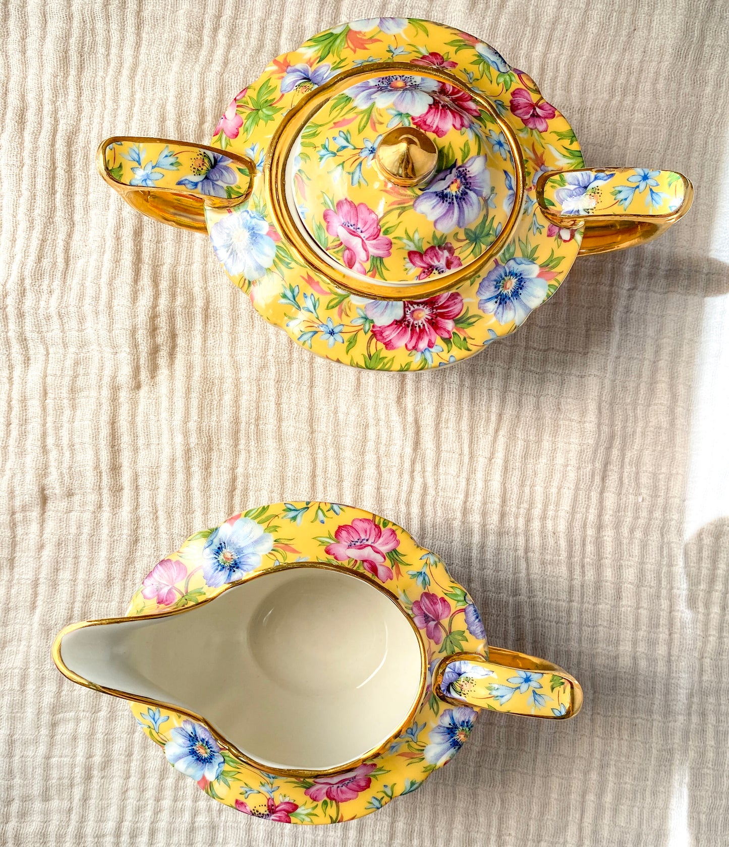 Vintage James Sadler Sophie Chintz Creamer & Sugar with Lid Set