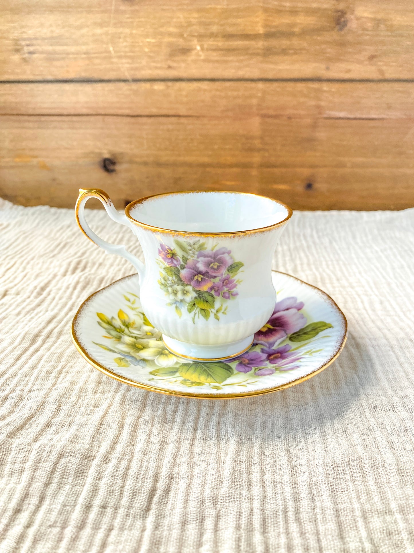 Vintage Queen's Rosina Purple Pansy Floral Teacup and Saucer White Bone China