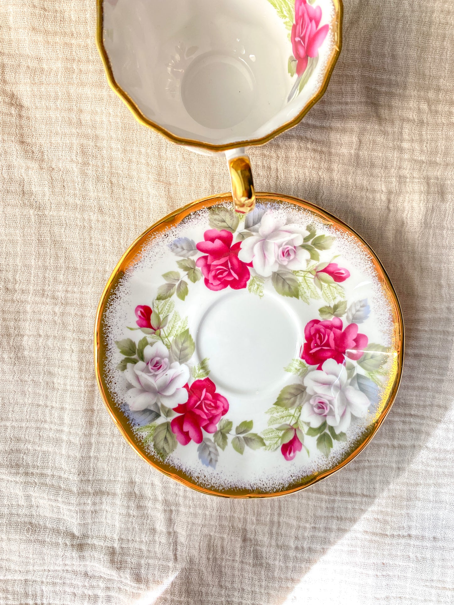 Vintage Elizabethan Jacobean White & Gold with Roses Teacup and Saucer