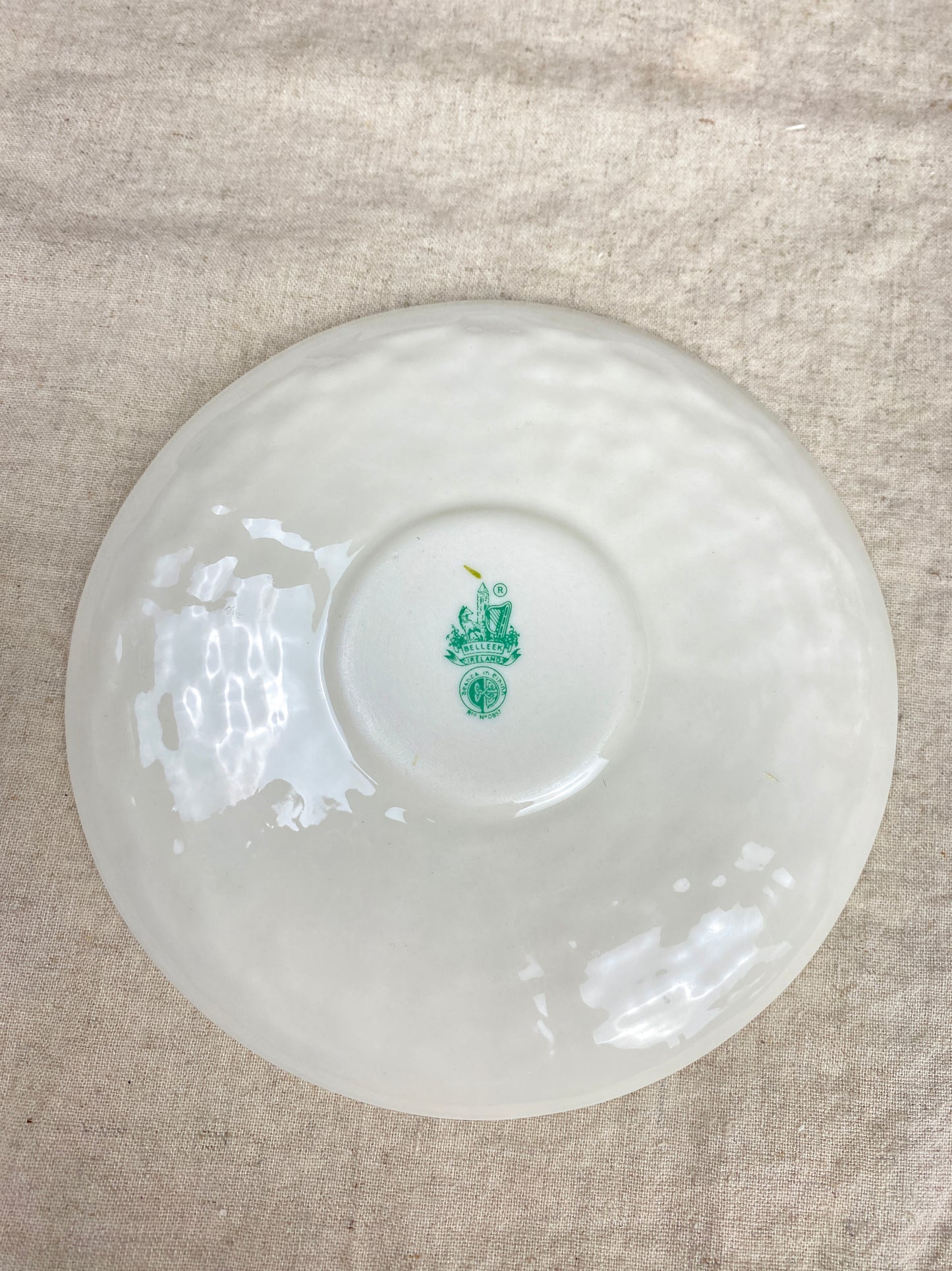 Vintage Belleek Hand Painted Shamrock Basketweave Flat Cup & Saucer