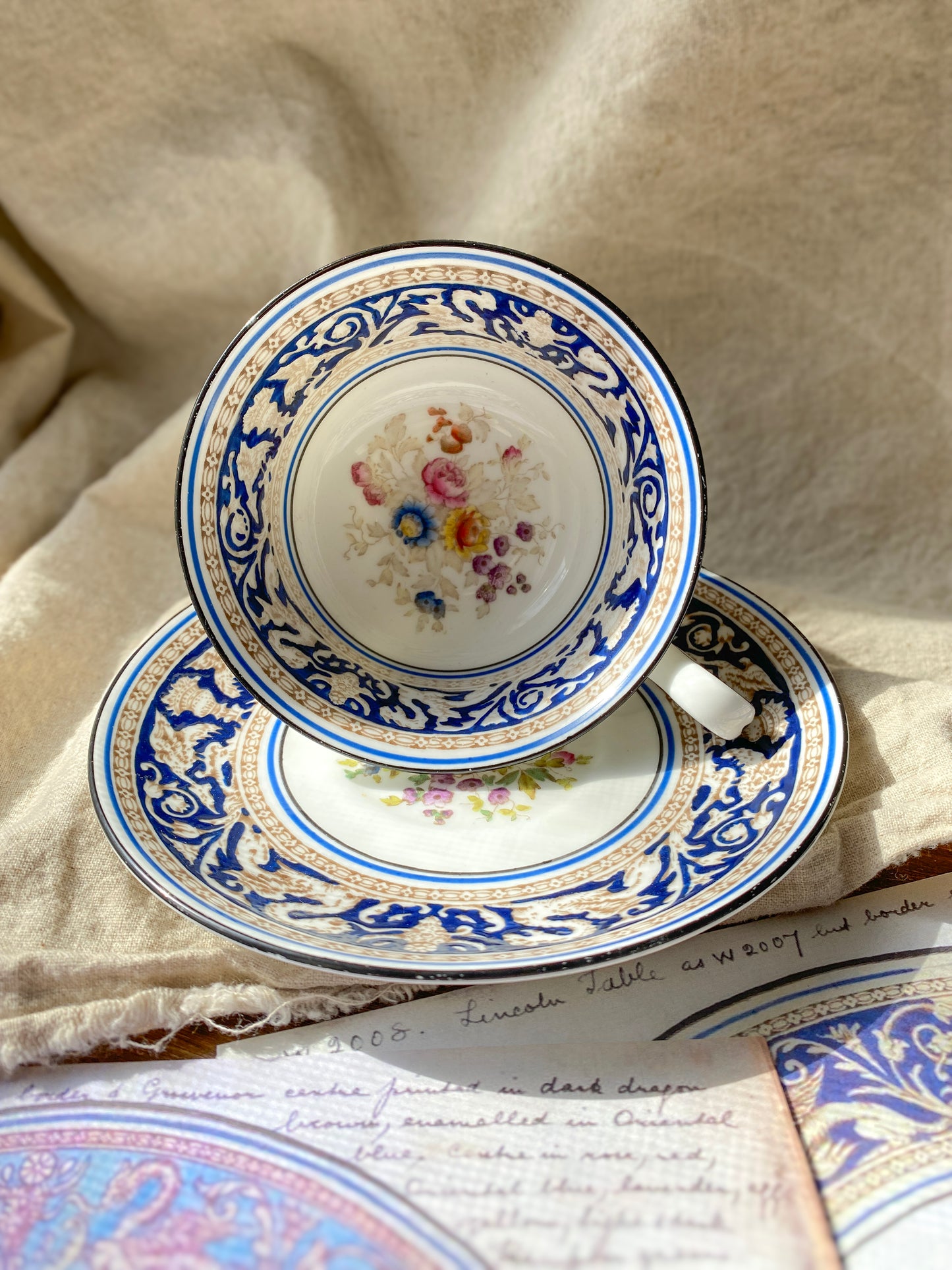 Vintage Wedgwood Florentine Peony Blue with Black Band Teacup & Saucer