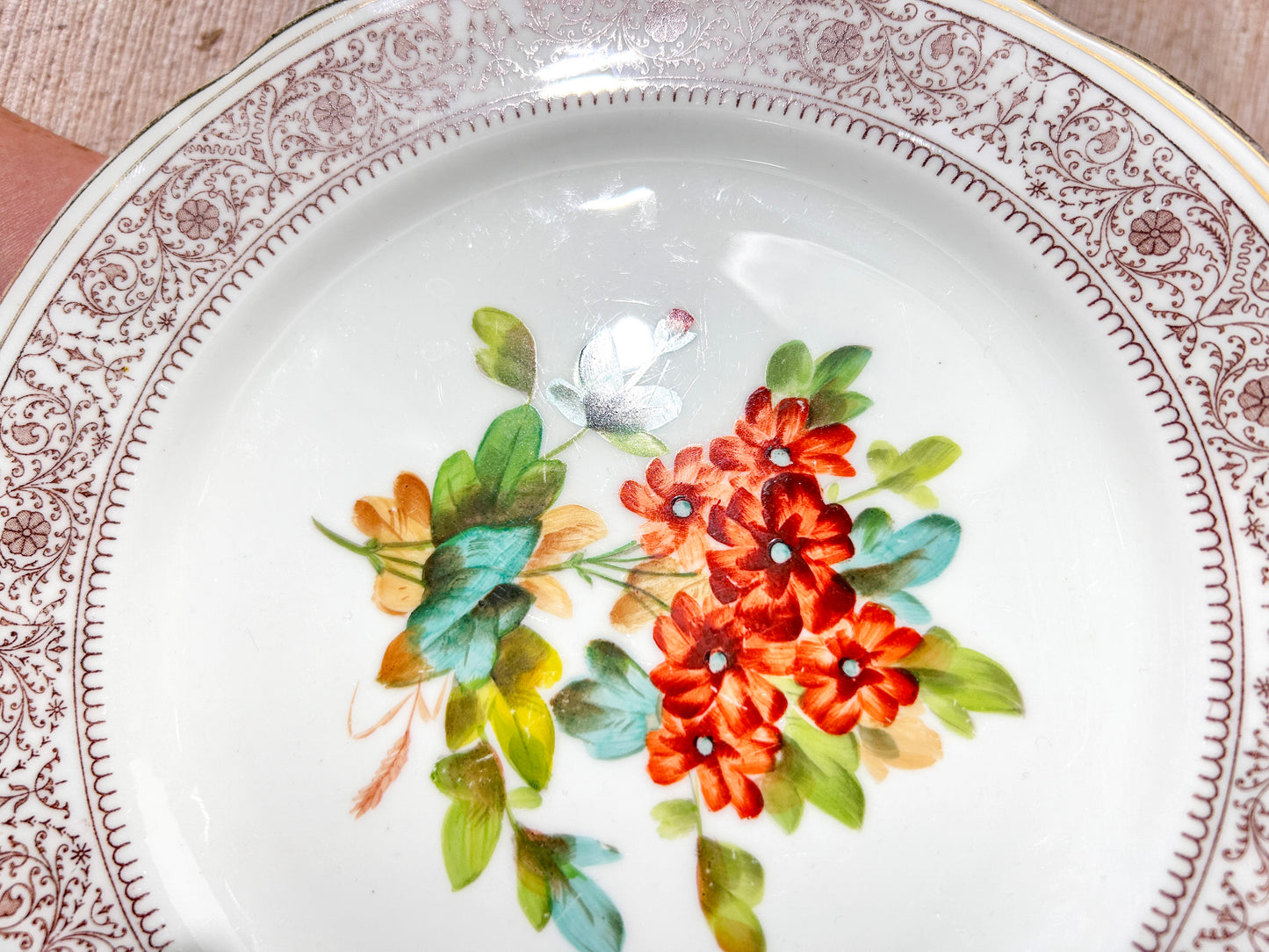 19th Century Hand Painted Floral Plates Set Gold Gilt x6