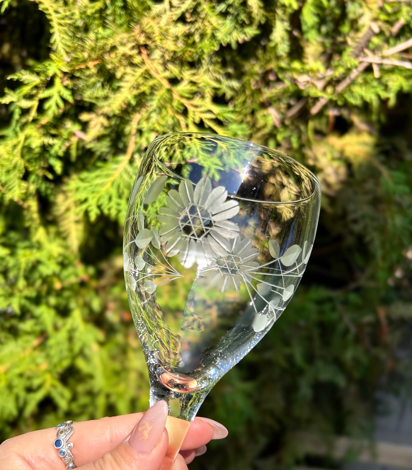 Vintage Blown Glass Etched Floral Wine Glasses x 4