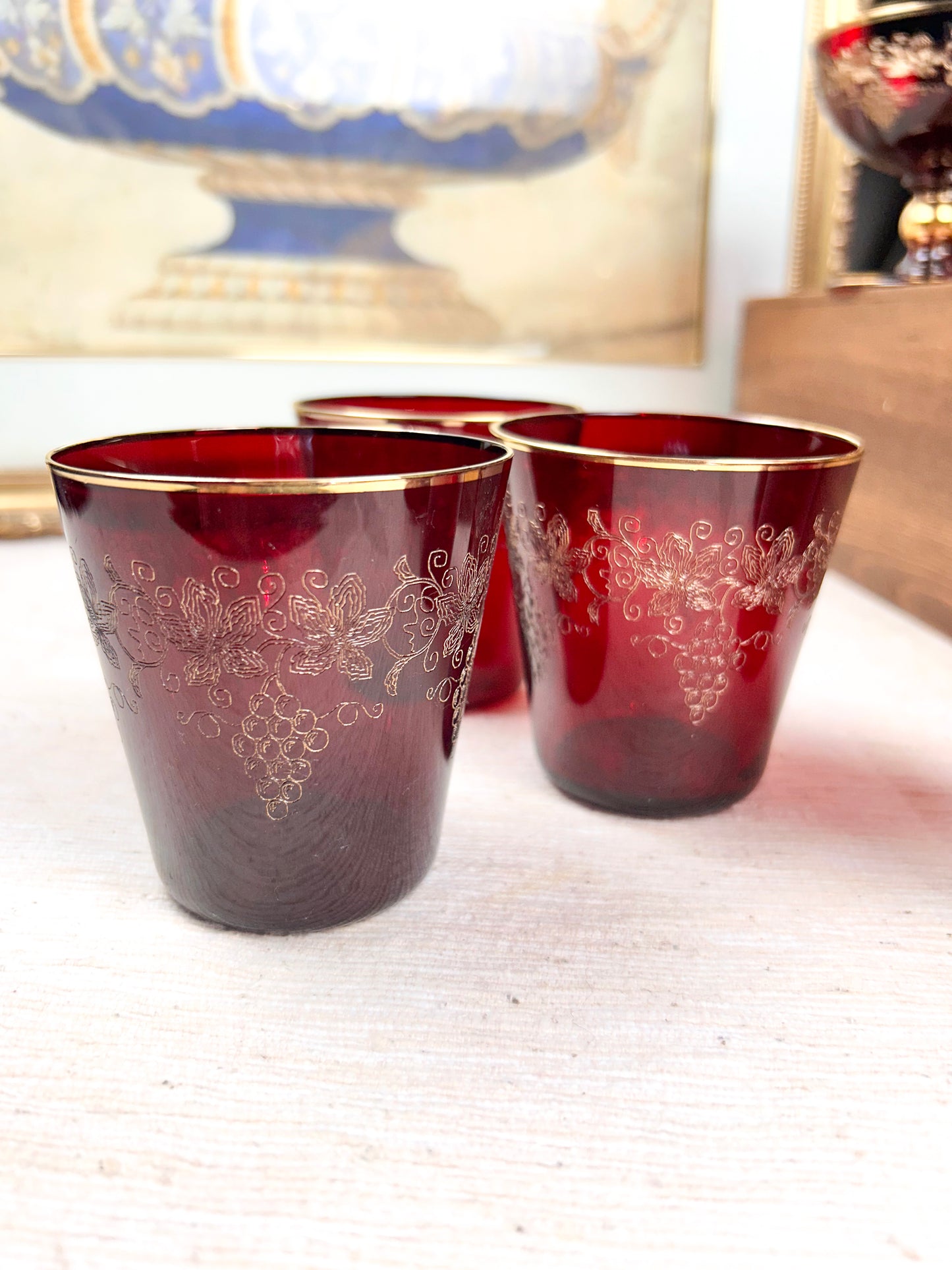 Moser Glass Ruby Etched Floral Gold Glasses Sets Selection