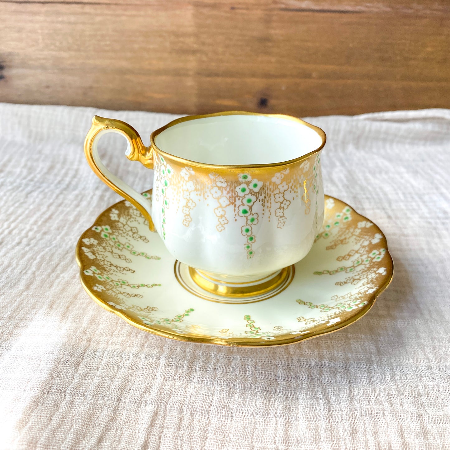 Vintage Royal Albert April Showers Gold & Green Hand Painted Teacup and Saucer