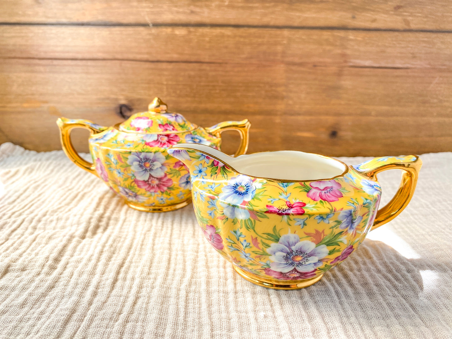 Vintage James Sadler Sophie Chintz Creamer & Sugar with Lid Set