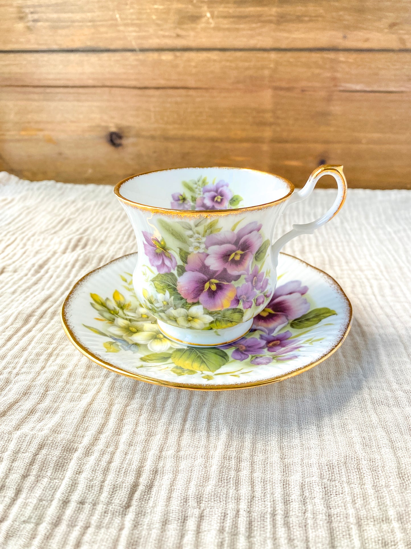 Vintage Queen's Rosina Purple Pansy Floral Teacup and Saucer White Bone China