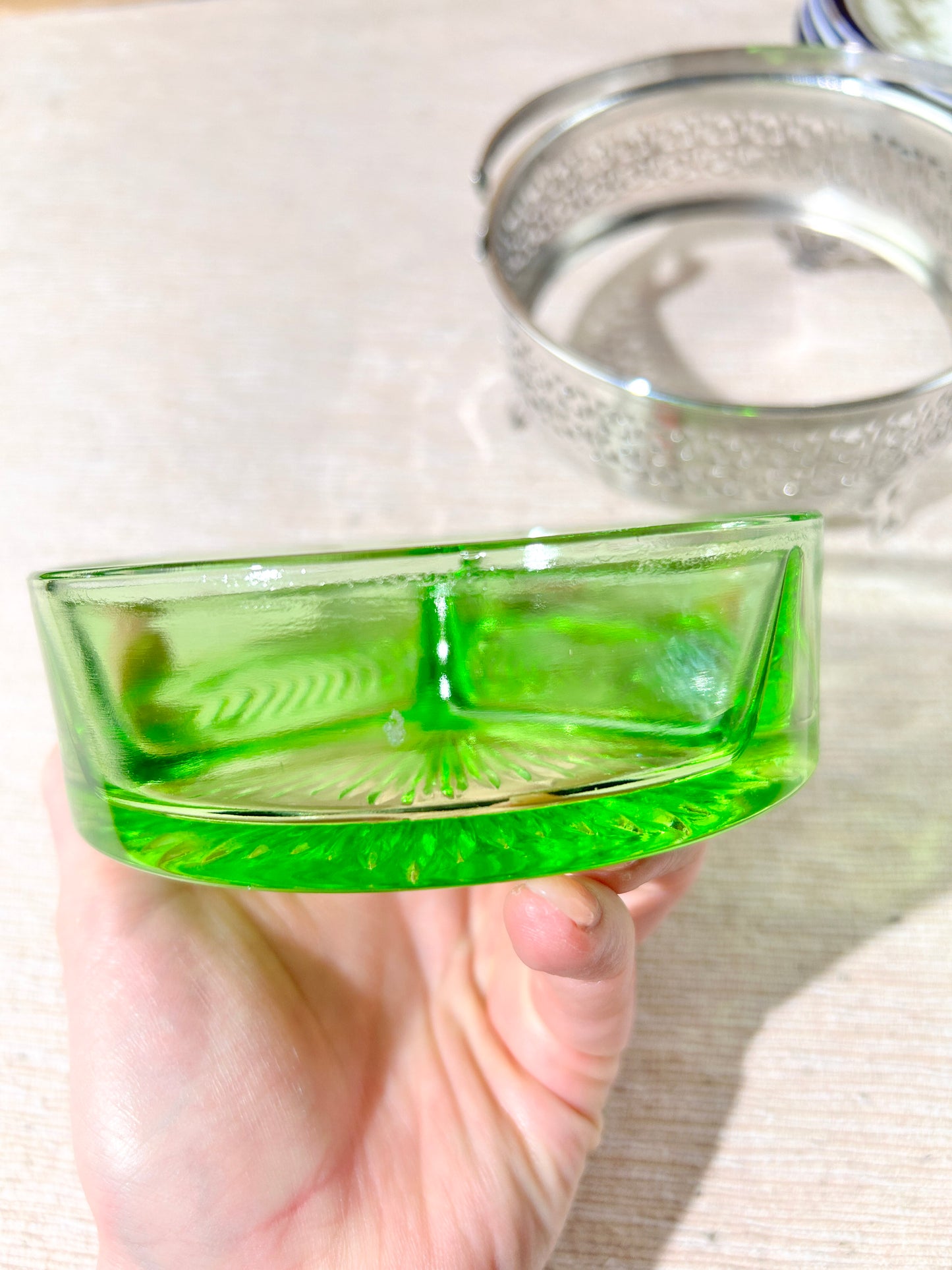 Vintage Uranium Vaseline Glass 3 Compartment Dish in Silver Plated Copper Tray