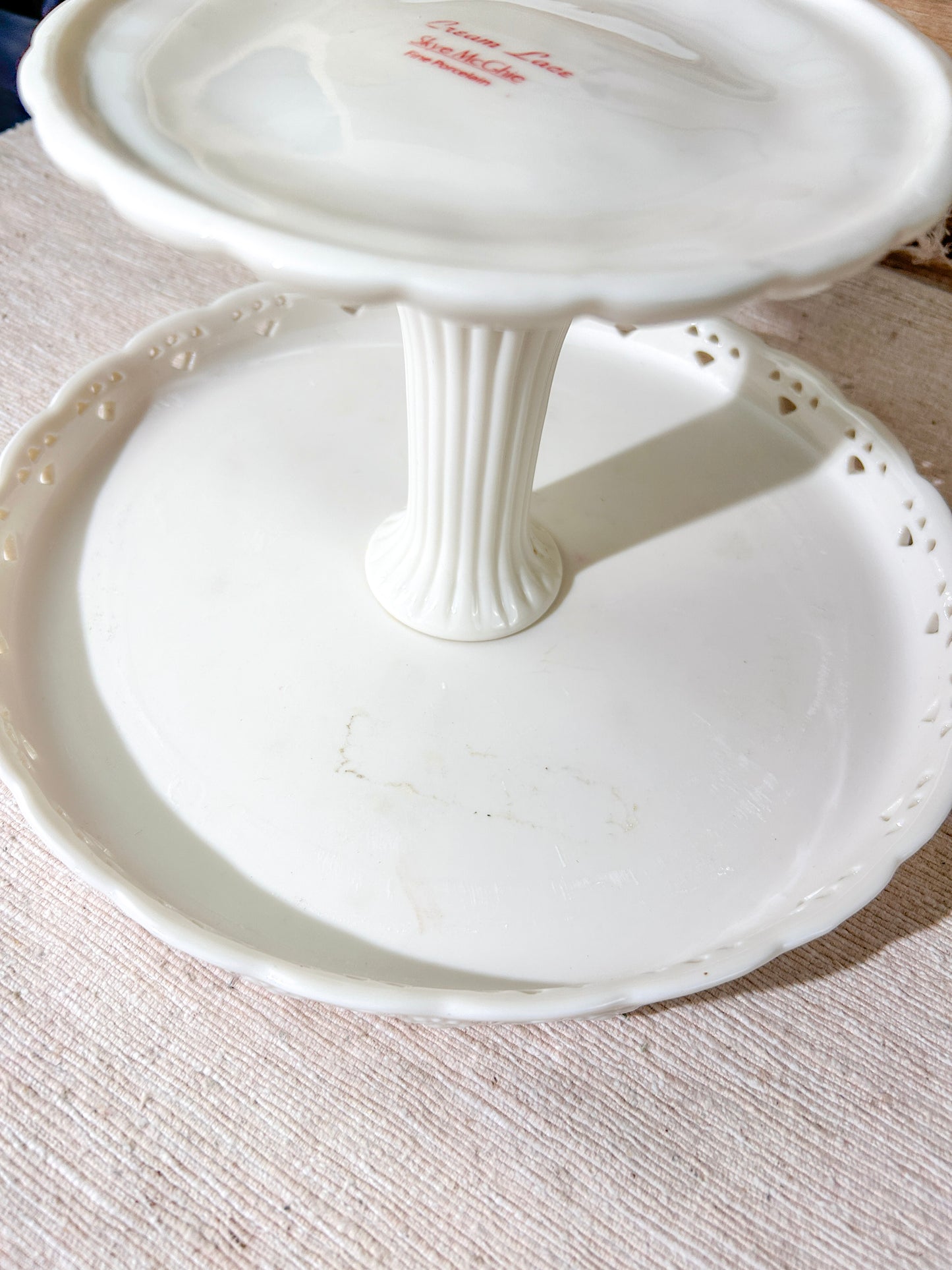 Skye McGhie Cream Lace Pedestal Cake Plate White Porcelain