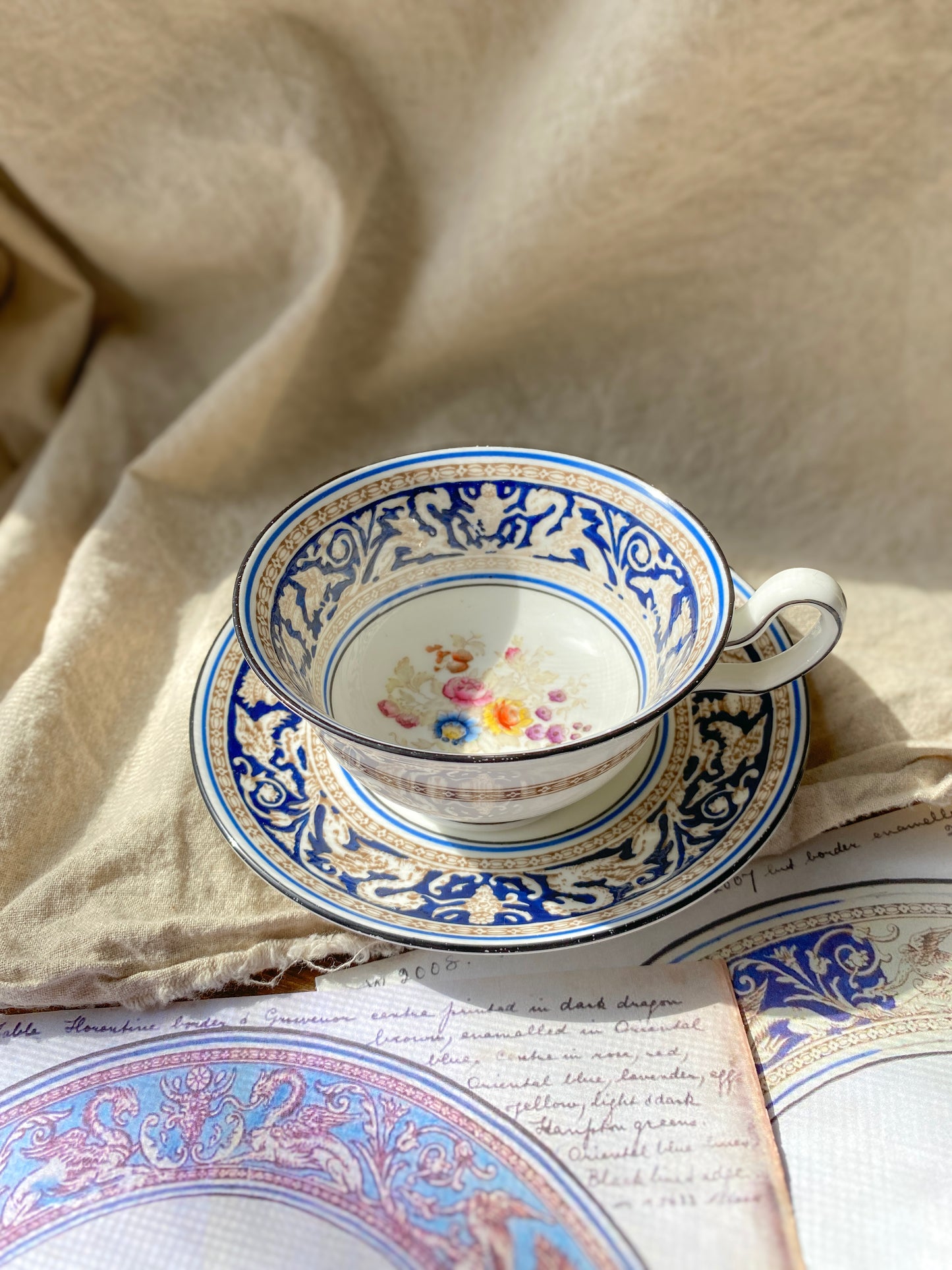 Vintage Wedgwood Florentine Peony Blue with Black Band Teacup & Saucer