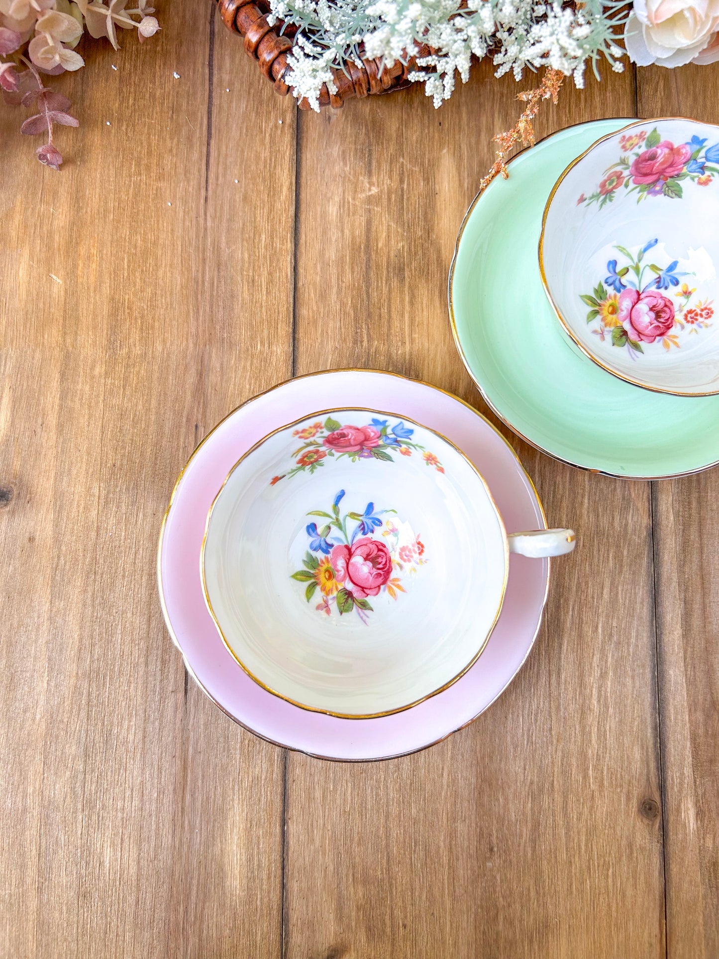 Vintage Royal Grafton Bone China Tea Cup Saucer Set Pink and Green Roses