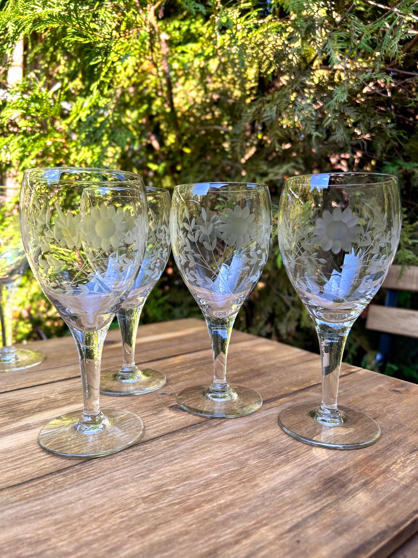 Vintage Blown Glass Etched Floral Wine Glasses x 4