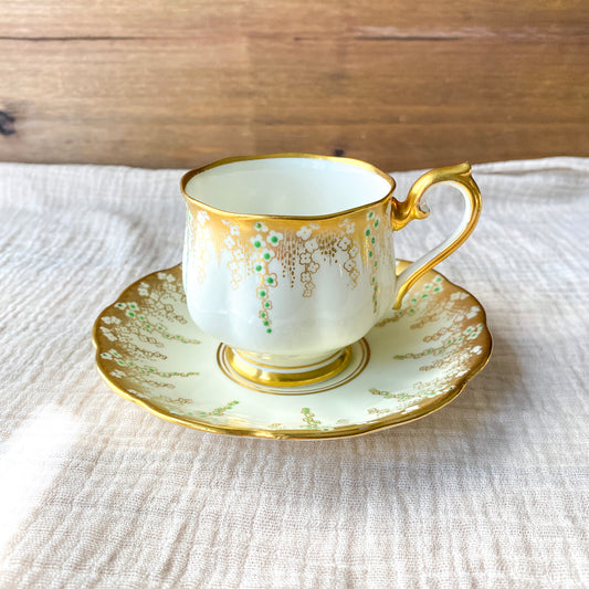 Vintage Royal Albert April Showers Gold & Green Hand Painted Teacup and Saucer