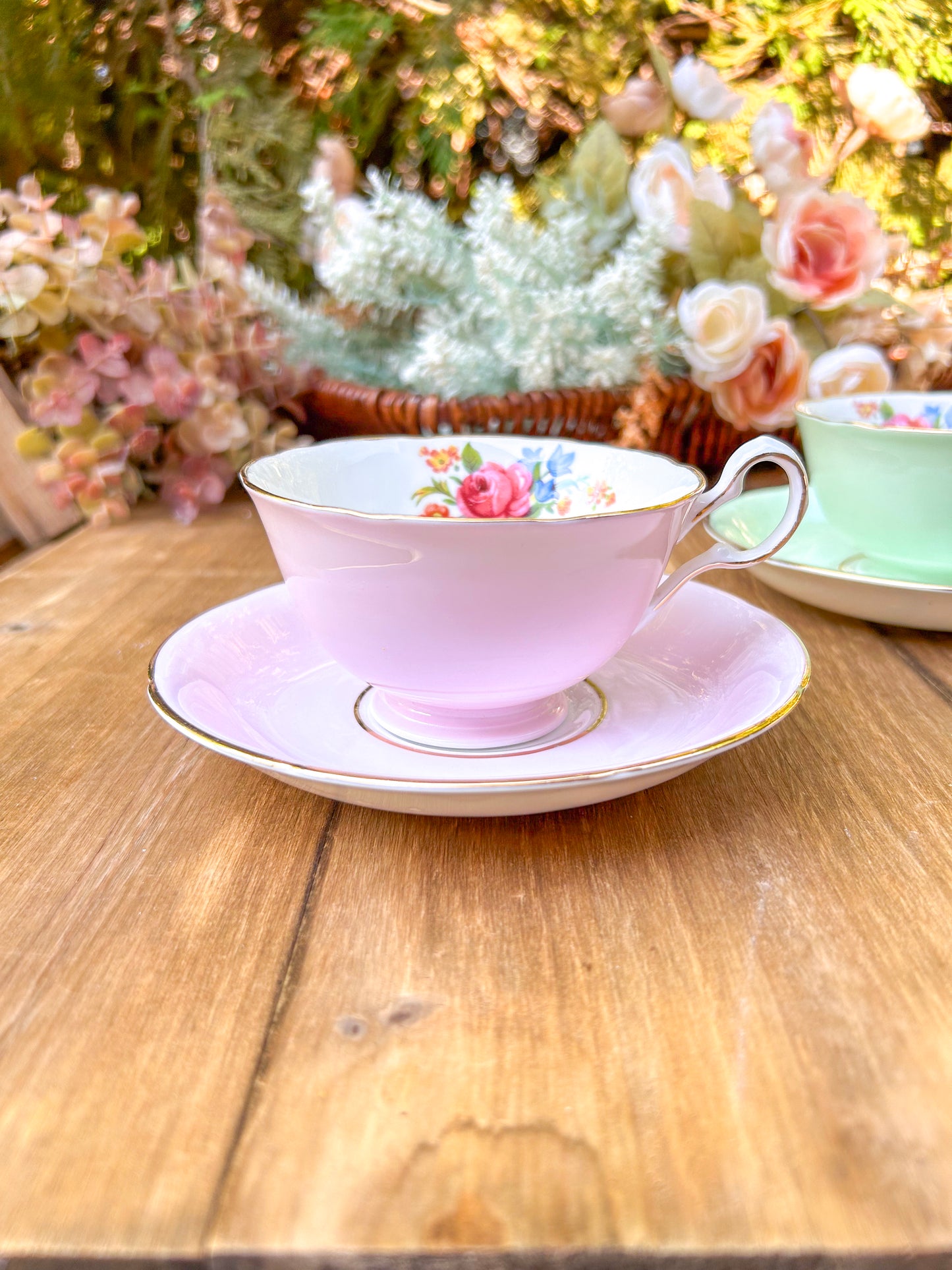 Vintage Royal Grafton Bone China Tea Cup Saucer Set Pink and Green Roses