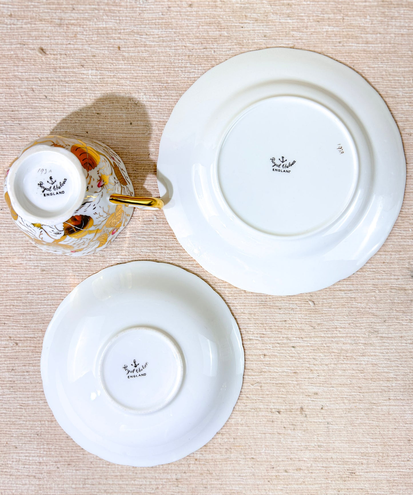 Royal Chelsea Bone China Teacup Saucer Bread Plate Set Hand Painted Gold