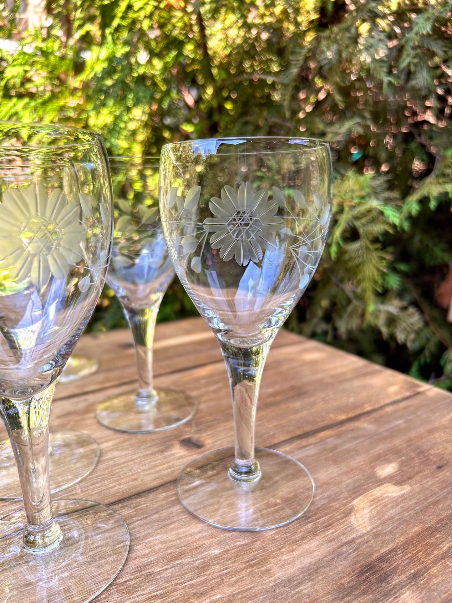 Vintage Blown Glass Etched Floral Wine Glasses x 4