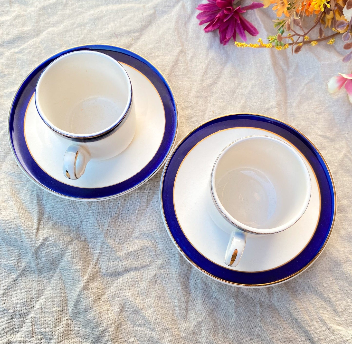 Antique Alfred Meakin Bleu De Roi Pair of Porcelain Espresso Cups and Saucers