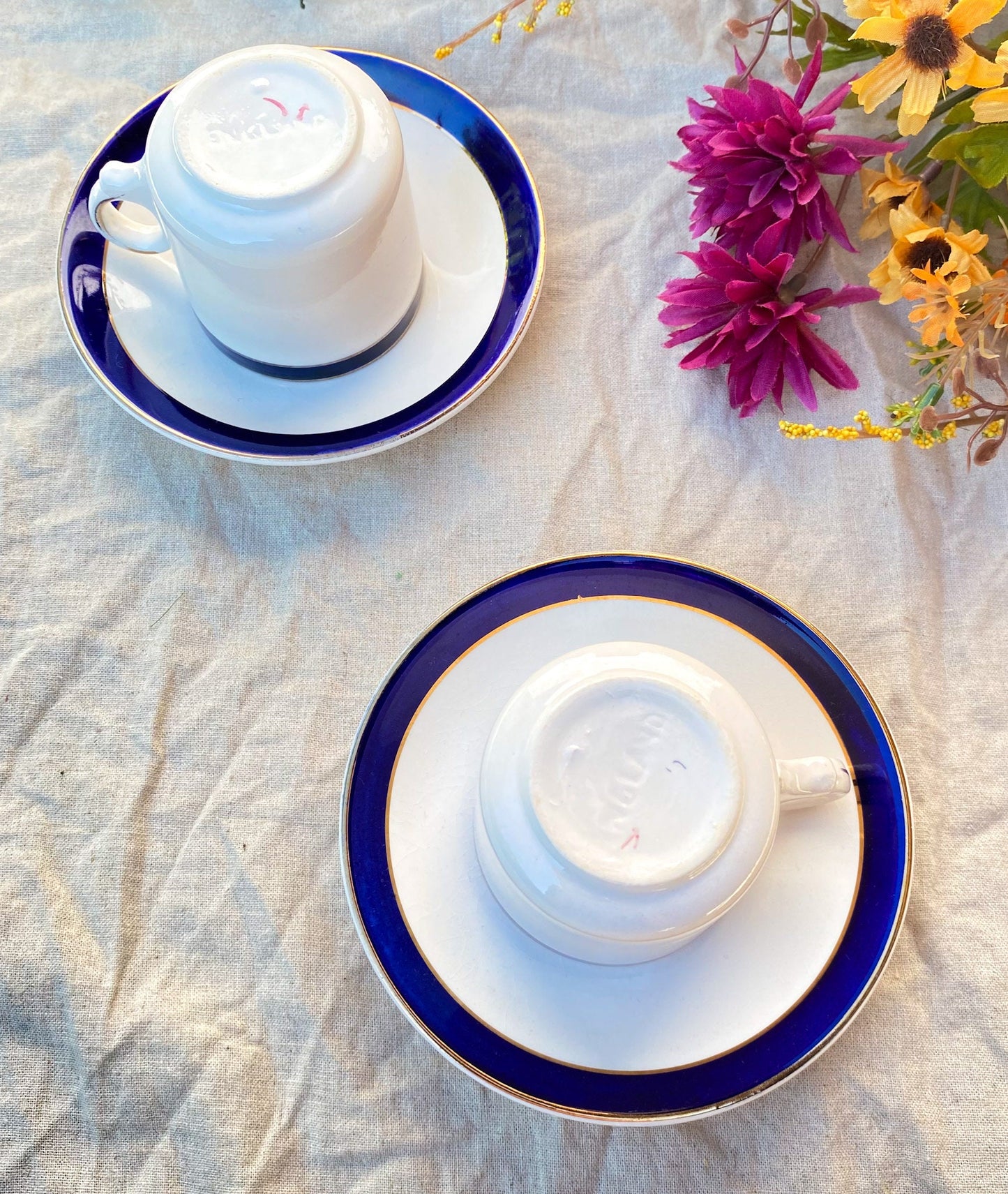 Antique Alfred Meakin Bleu De Roi Pair of Porcelain Espresso Cups and Saucers