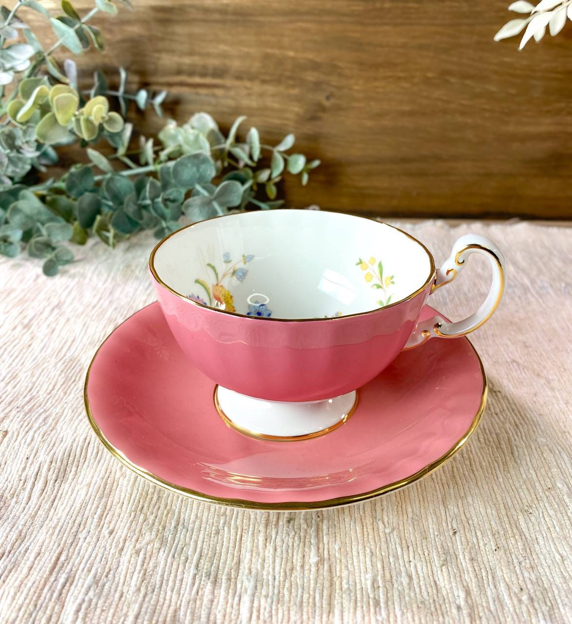 Aynsley Pink and Gold Teacup and Saucer with Butterfly & Flowers