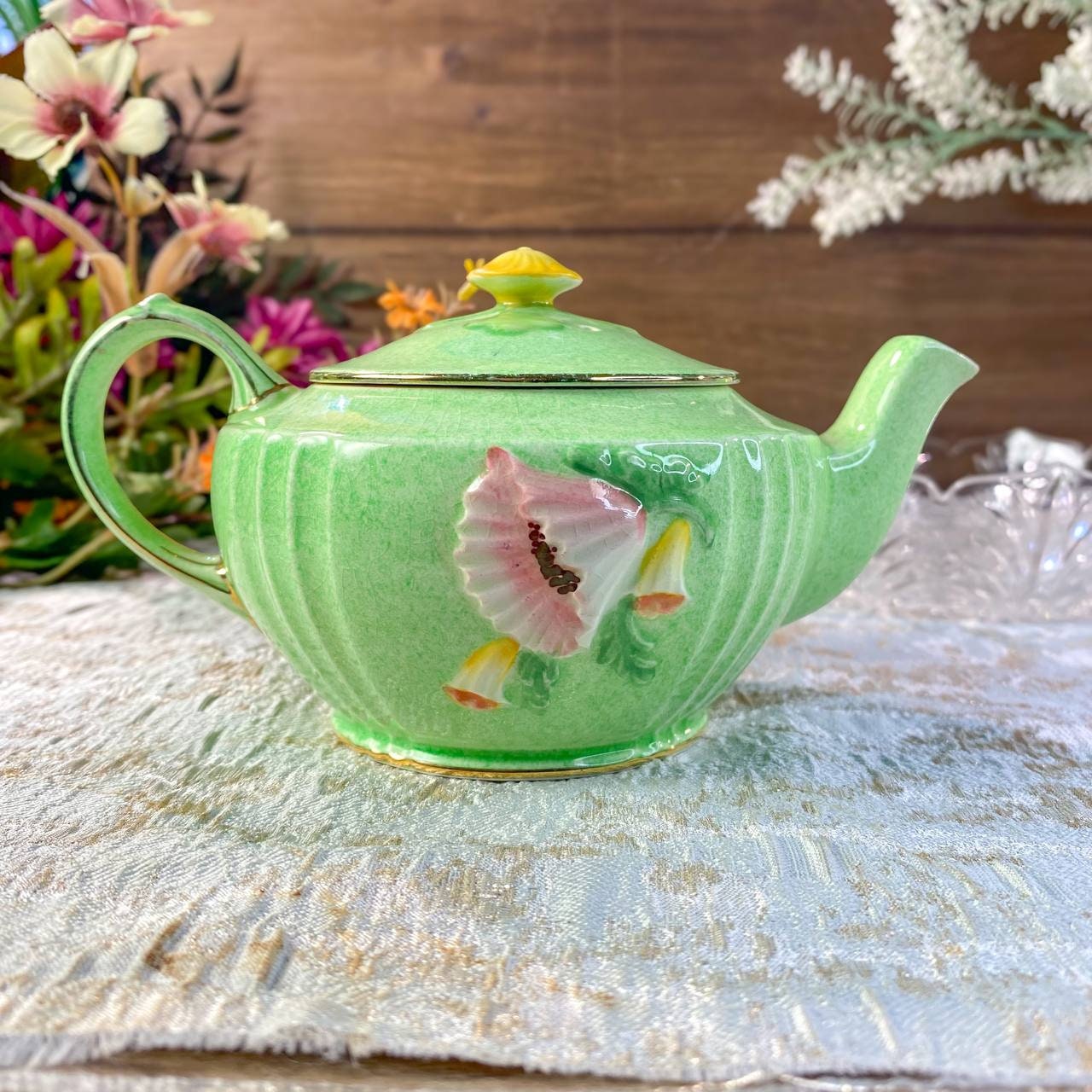 Vintage Royal Winton Green Floral Art Deco Teapot