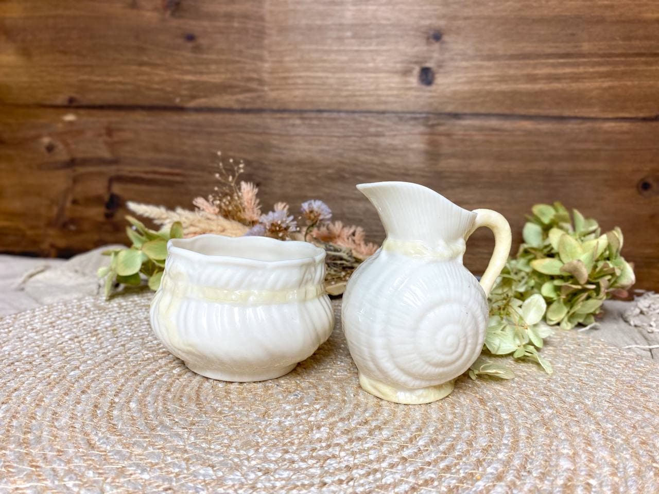 Belleek Fine Porcelain Shell Creamer & Bow Sugar Bowl