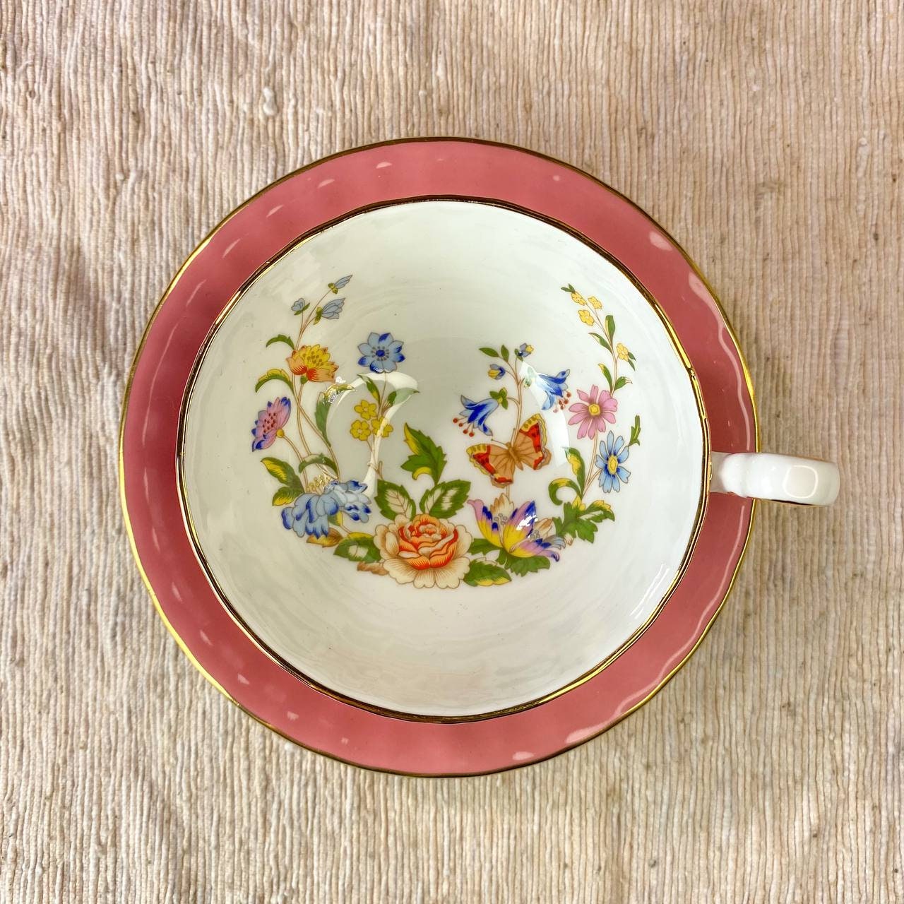 Aynsley Pink and Gold Teacup and Saucer with Butterfly & Flowers