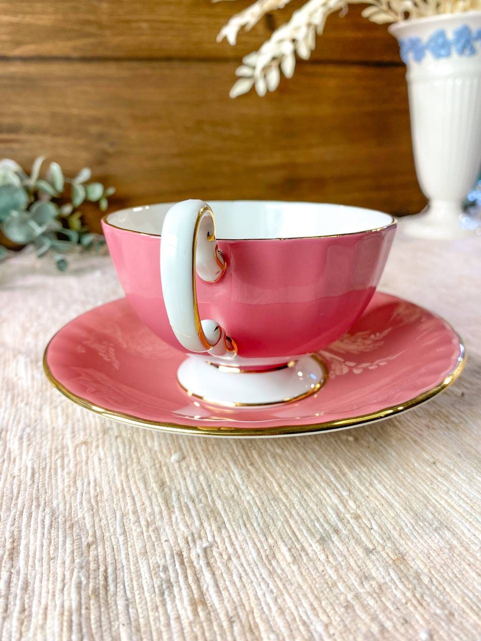 Aynsley Pink and Gold Teacup and Saucer with Butterfly & Flowers