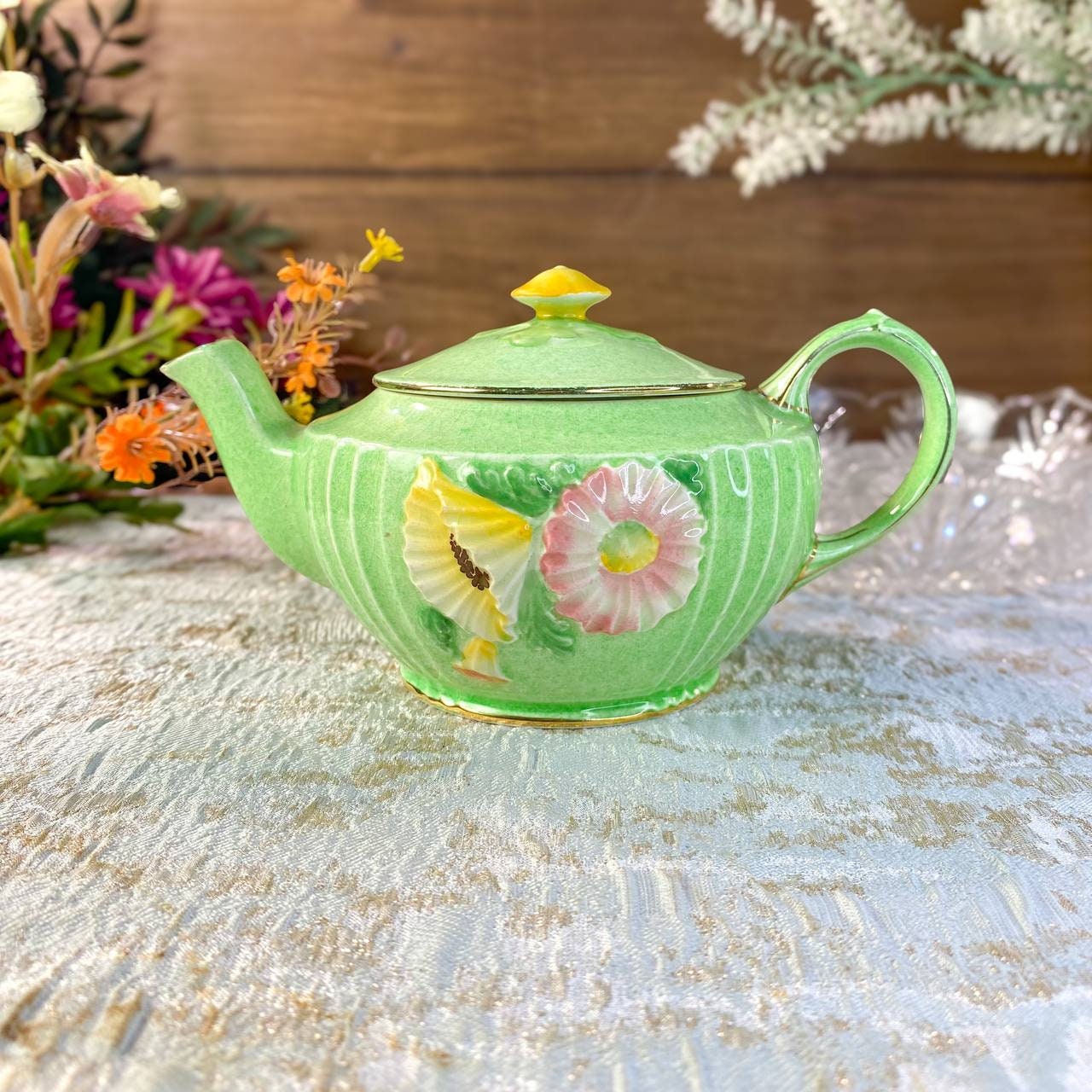 Vintage Royal Winton Green Floral Art Deco Teapot