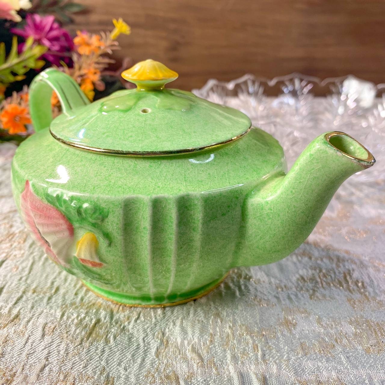 Vintage Royal Winton Green Floral Art Deco Teapot