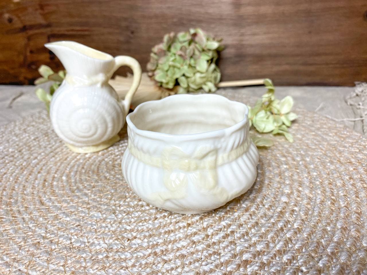 Belleek Fine Porcelain Shell Creamer & Bow Sugar Bowl