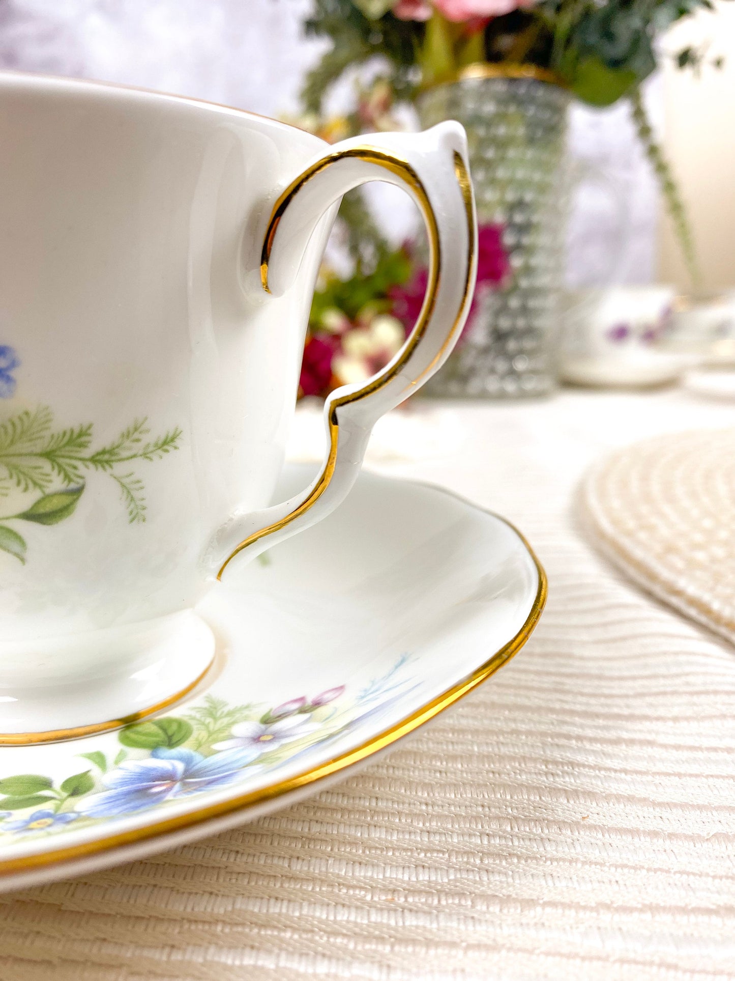 Vintage Queen Anne Blue Pansy Floral Teacup and Saucer White Bone China