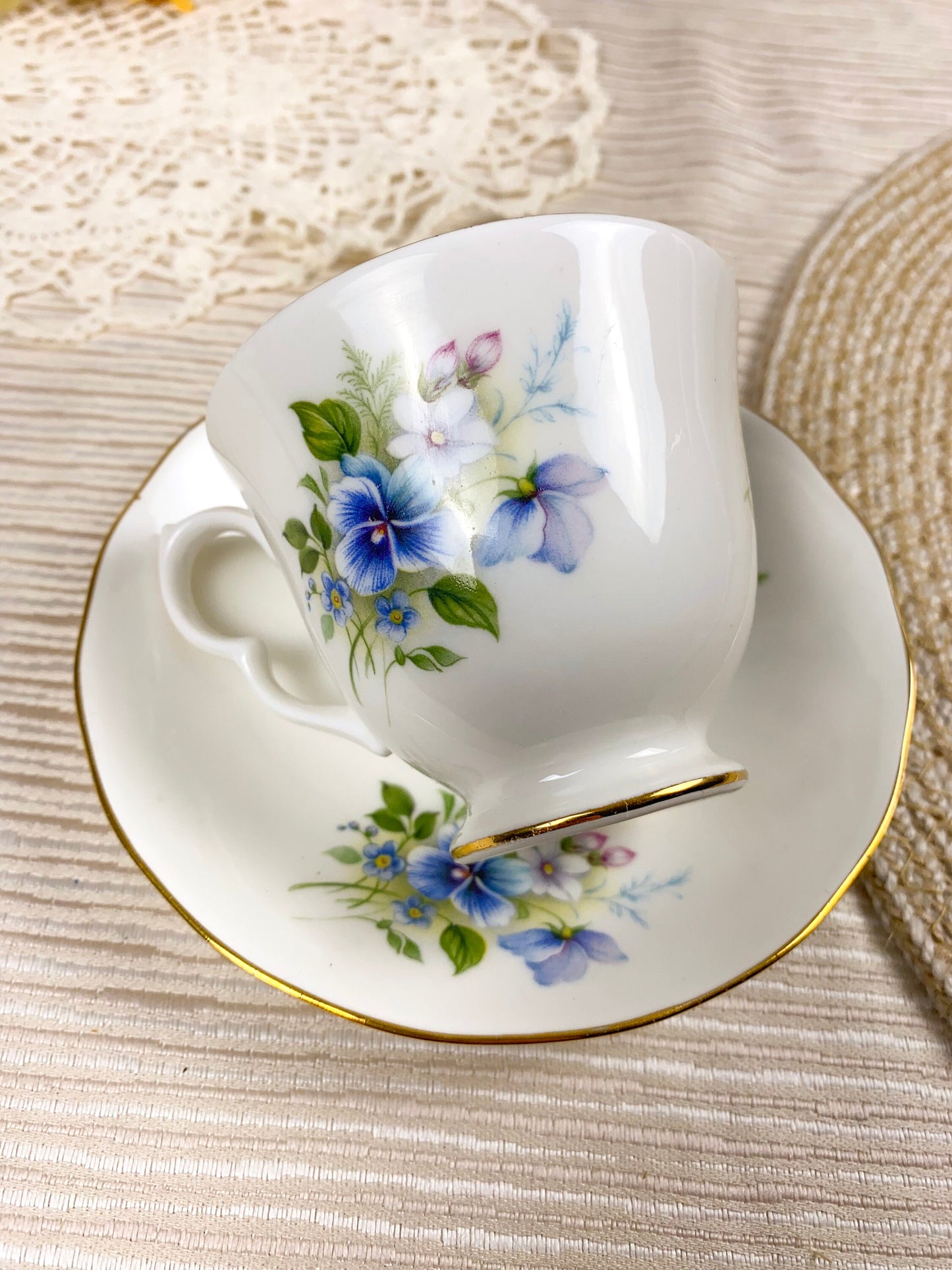 Vintage Queen Anne Blue Pansy Floral Teacup and Saucer White Bone China