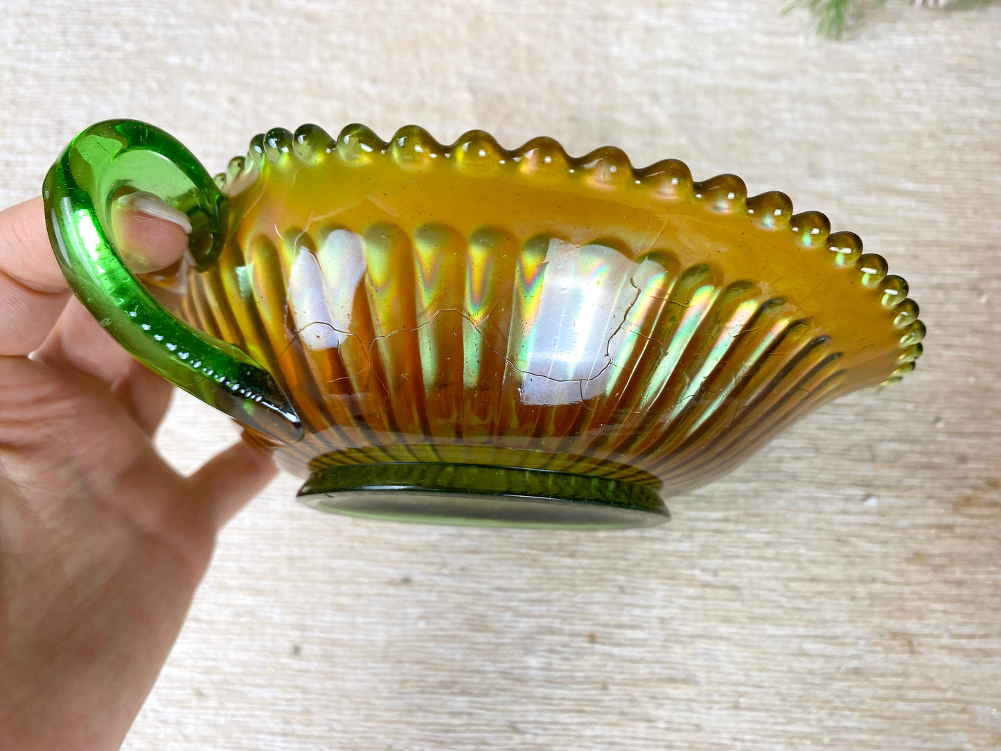 Vintage Northwood Green Carnival Glass Sawtooth Edge with Handles