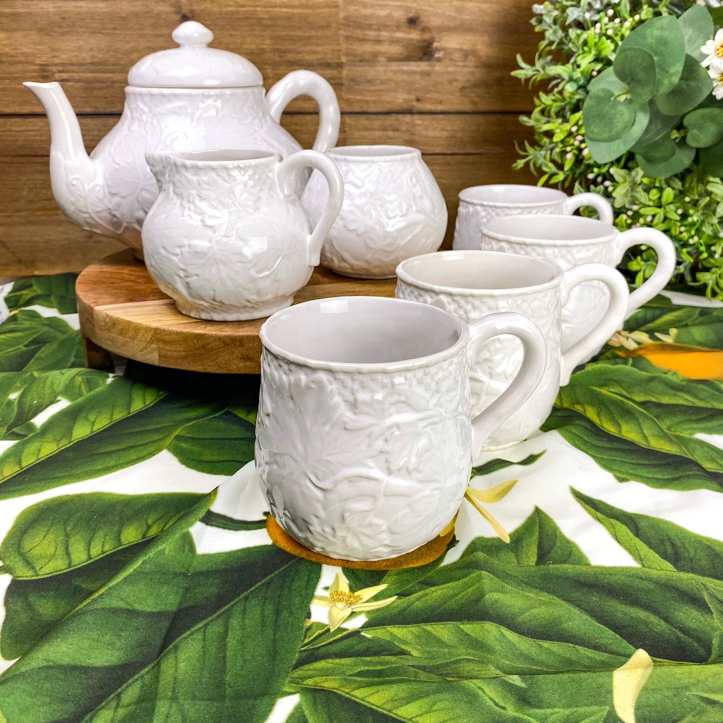 Vintage Bordallo Pinheiro White Ivy Leaves & Vines Tea Set