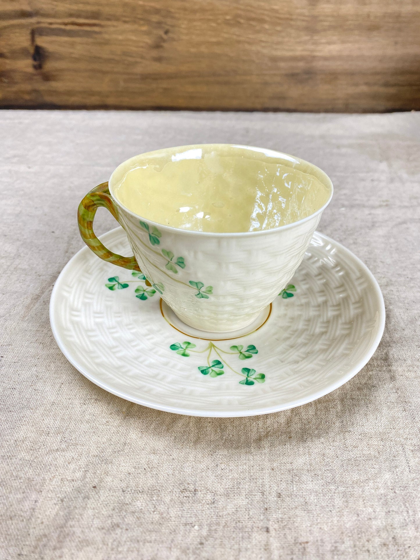 Vintage Belleek Hand Painted Shamrock Basketweave Flat Cup & Saucer