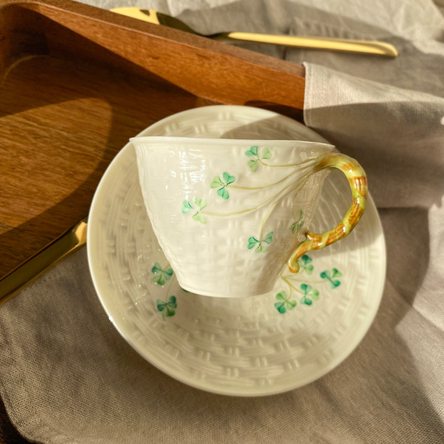 Vintage Belleek Hand Painted Shamrock Basketweave Flat Cup & Saucer