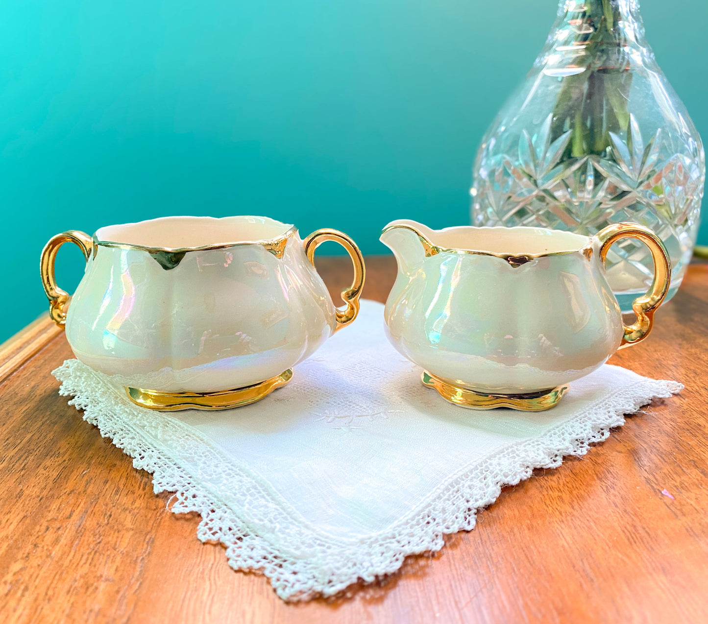 Vintage Ellgreave Burslem Stoke on Trent Lustreware & Gold Creamer Sugar Bowl