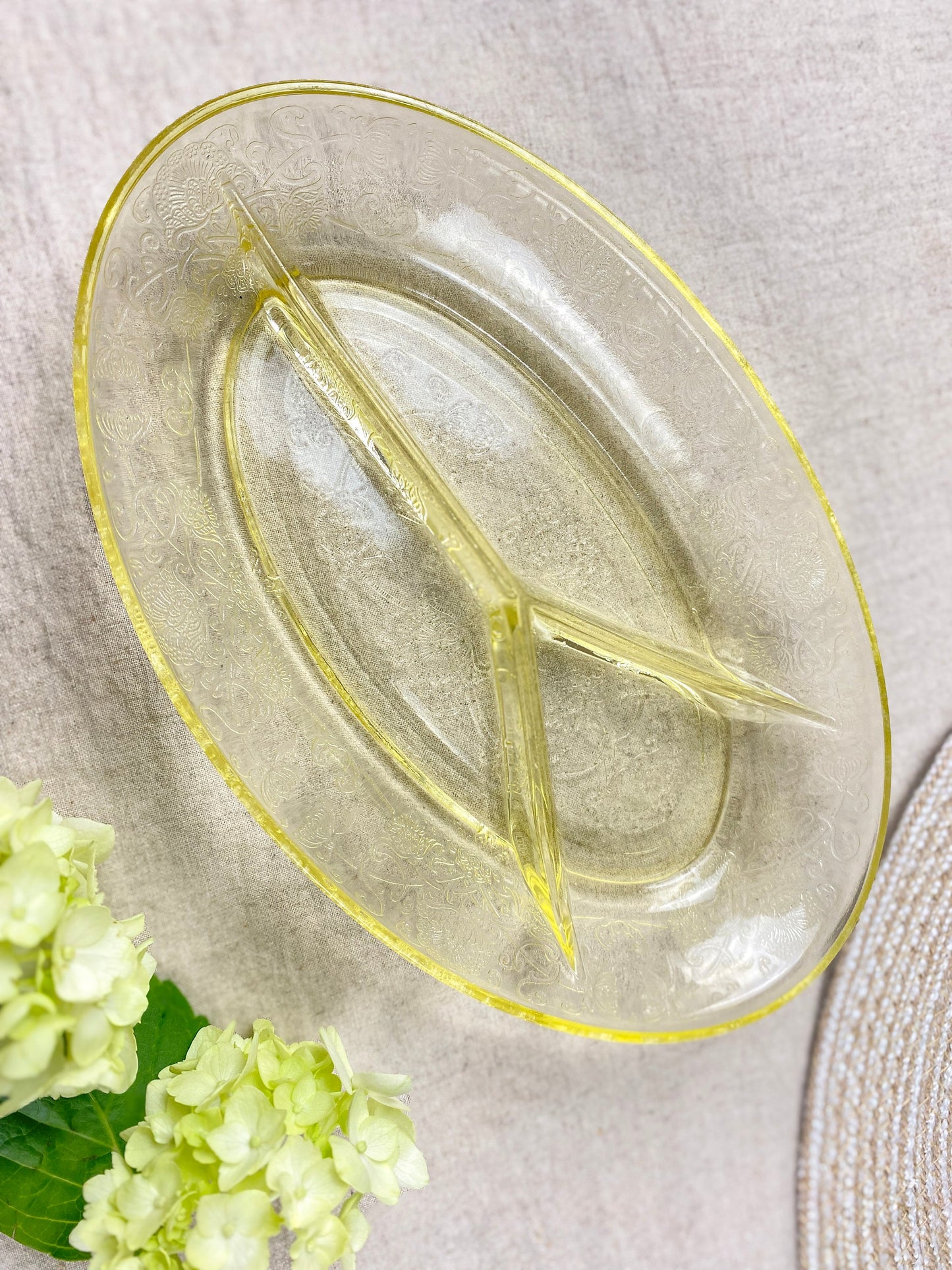 Vintage Hazel Atlas Florentine Yellow Depression Glass 3 Section Platter