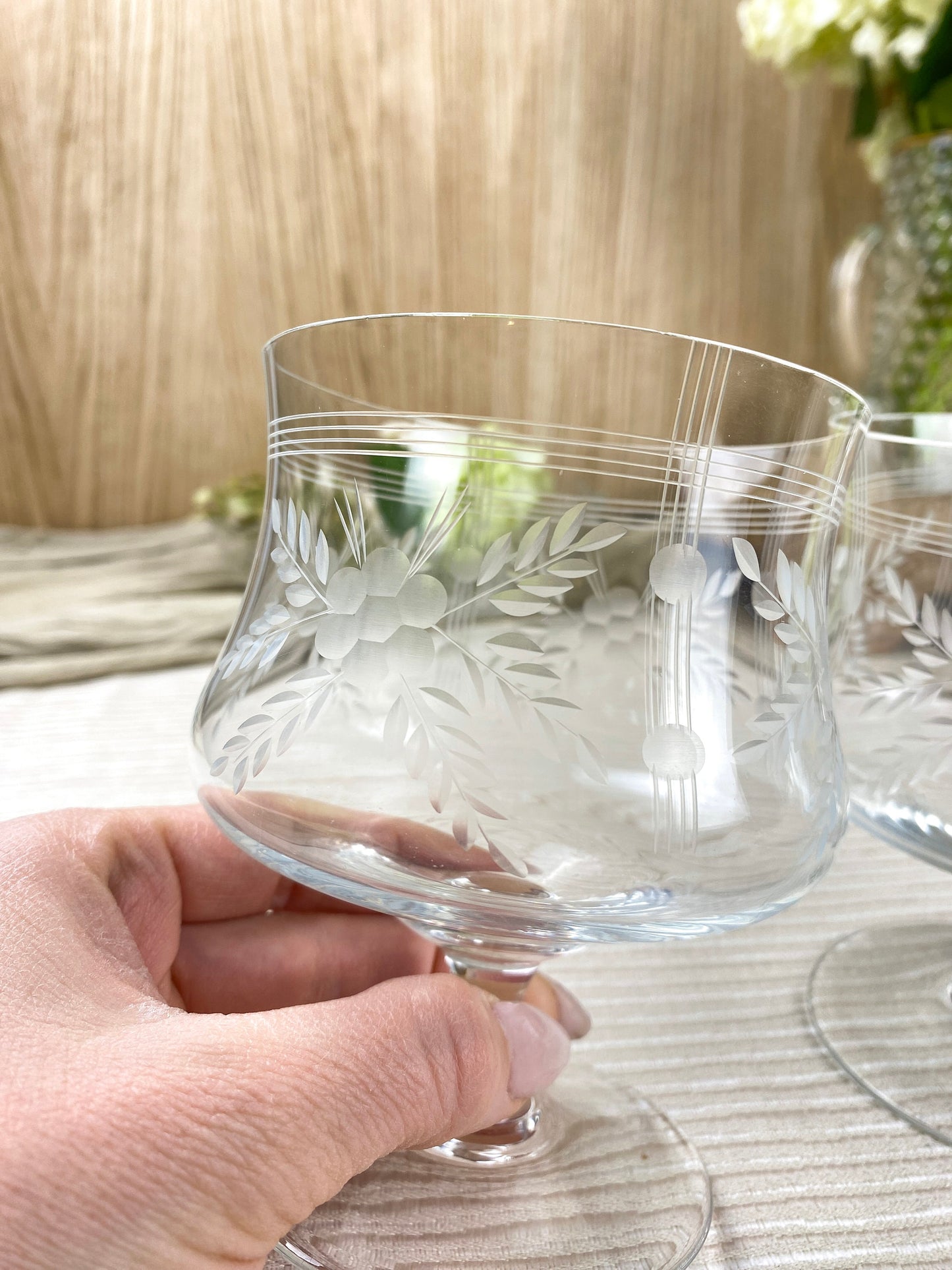 Vintage Crystal Etched Flower Seafood/Charcuterie Cocktail Glasses